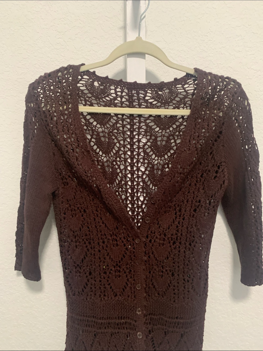 Vintage Dark Brown Crochet Openwork Cardigan Sweater - Picture 2 of 6